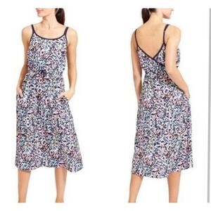 Athleta Tie Waist Midi Dress Abstract Print Spaghetti Strap Navy Trim XL
